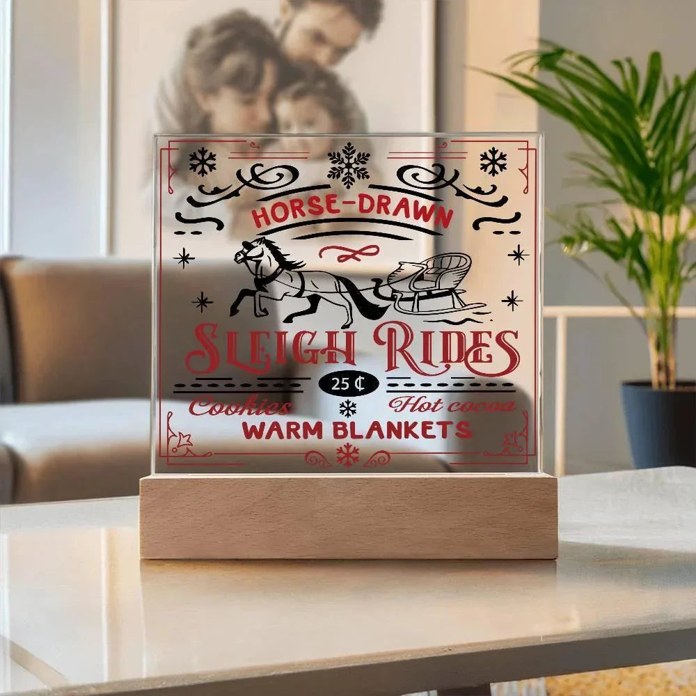 Christmas Horse Drawn Sleigh Rides Acrylic Square Plaque with LED Wooden Base
