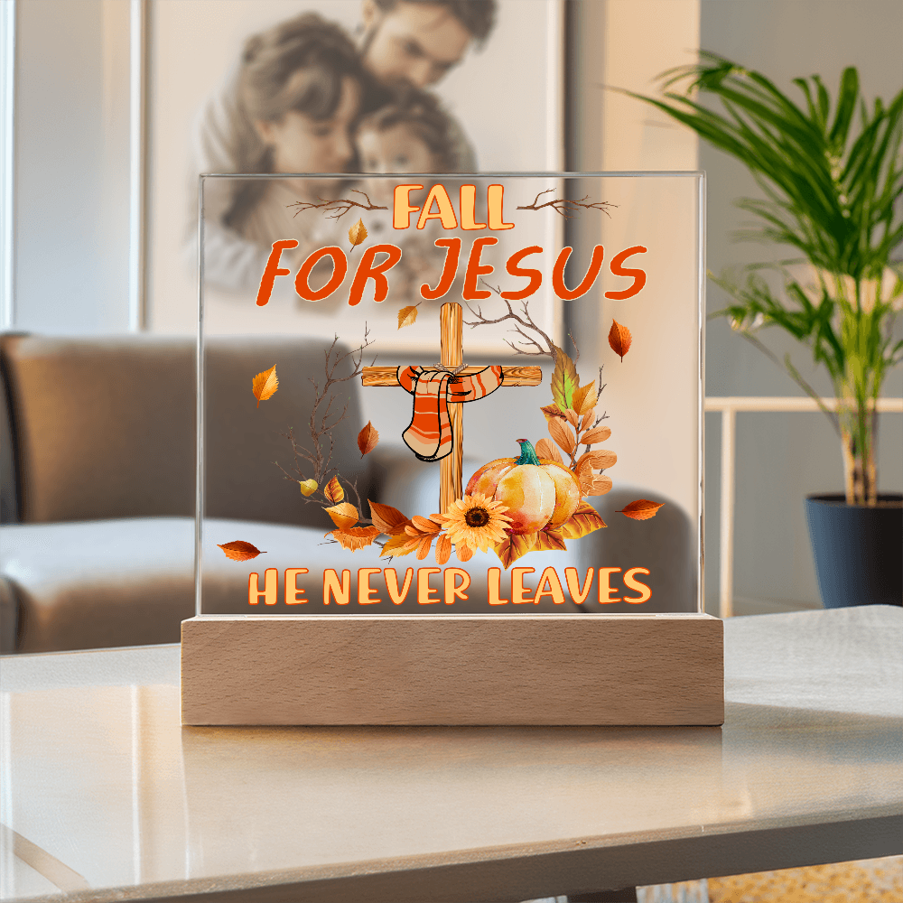 Fall for Jesus Acrylic Plaque – Christian Fall Décor with Cross and Pumpkins | Faith-Based LED Light Display Gift