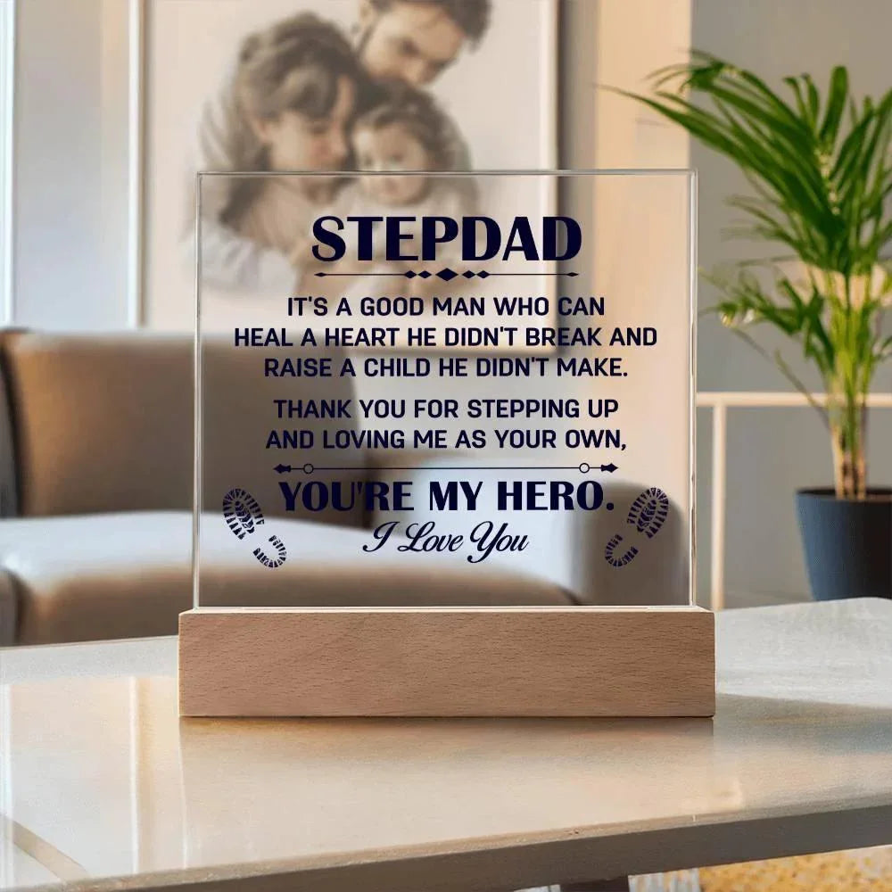 Stepdad Acrylic Plaque -You're My Hero– Personalized LED Light Gift for Bonus Dad | Father's Day, Christmas, or Birthday Keepsake