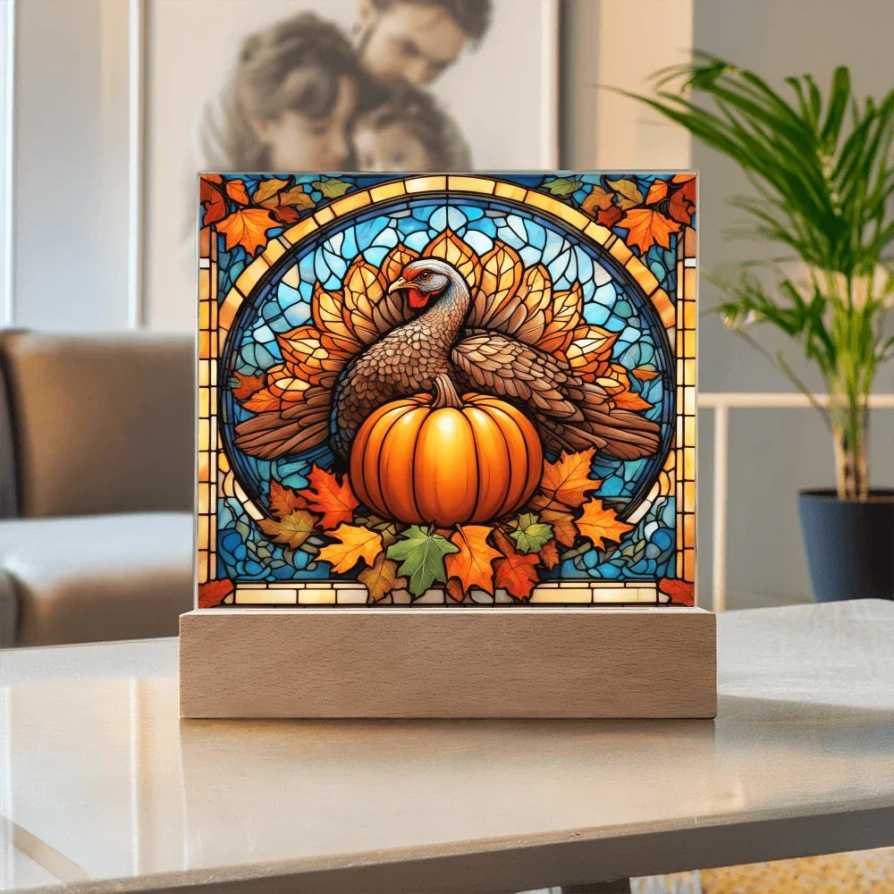 Thanksgiving Stained Glass Turkey Acrylic Plaque – Elegant Fall Home Decor with LED Light Base | Autumn Window Art Inspired Gift