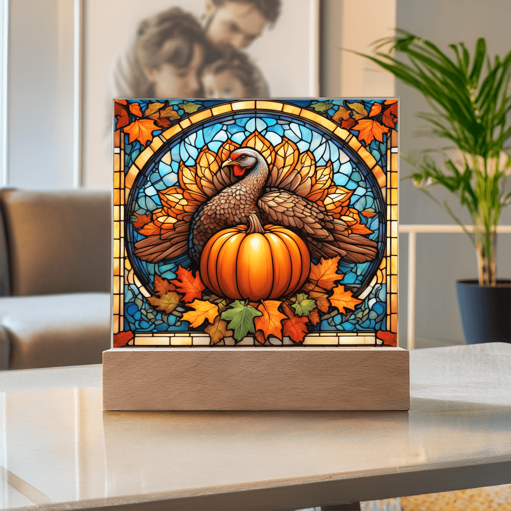 Thanksgiving Stained Glass Turkey Acrylic Plaque – Elegant Fall Home Decor with LED Light Base | Autumn Window Art Inspired Gift