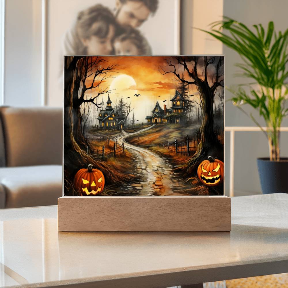 Twilight Terrace: Eerie Mansion Halloween Acrylic Plaque - Mallard Moon Gift Shop