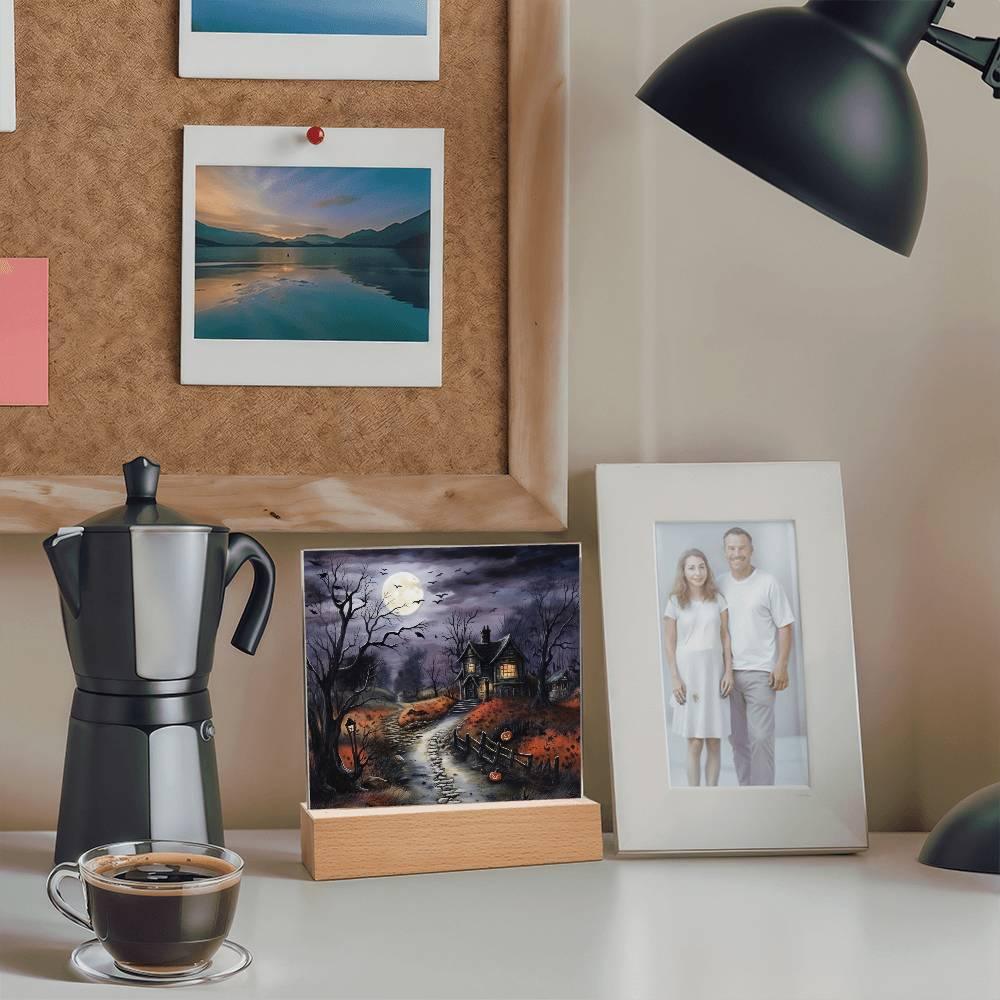 Bewitched Abode: The Ultimate Halloween Mansion Acrylic Plaque with Lighted LED Wooden Base - Mallard Moon Gift Shop