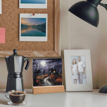 Bewitched Abode: The Ultimate Halloween Mansion Acrylic Plaque with Lighted LED Wooden Base - Mallard Moon Gift Shop