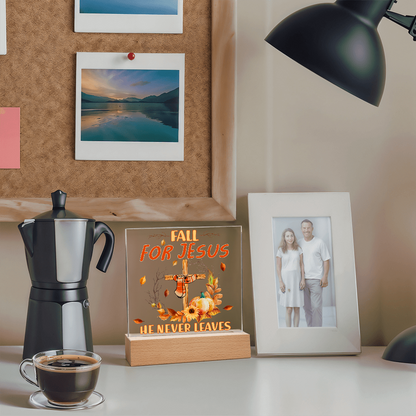 Fall for Jesus Acrylic Plaque – Christian Fall Décor with Cross and Pumpkins | Faith-Based LED Light Display Gift