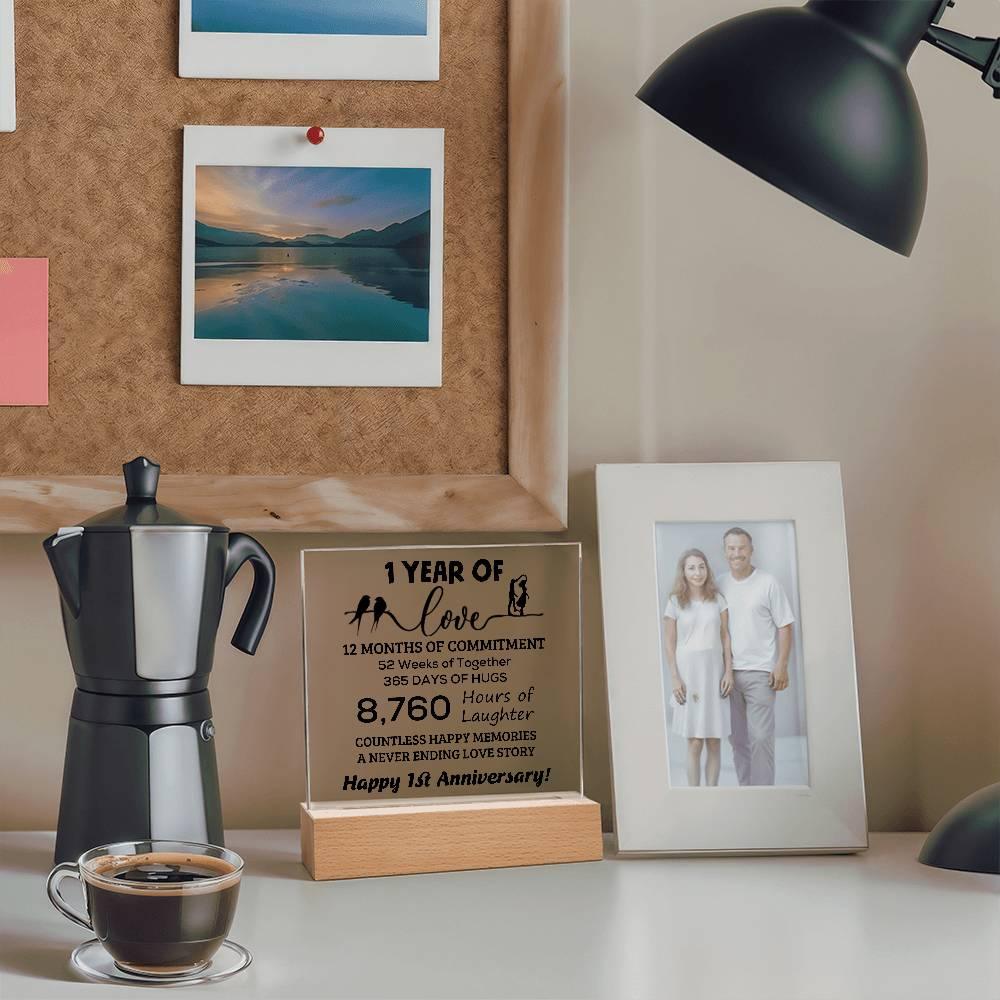 Anniversary Gift One Year of Love, Countless Happy Memories Acrylic Square Plaque with LED Wooden Base - Mallard Moon Gift Shop