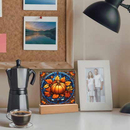 Stained Glass Pumpkin Acrylic Plaque – Elegant Thanksgiving Home Décor | Fall Harvest LED Light Display