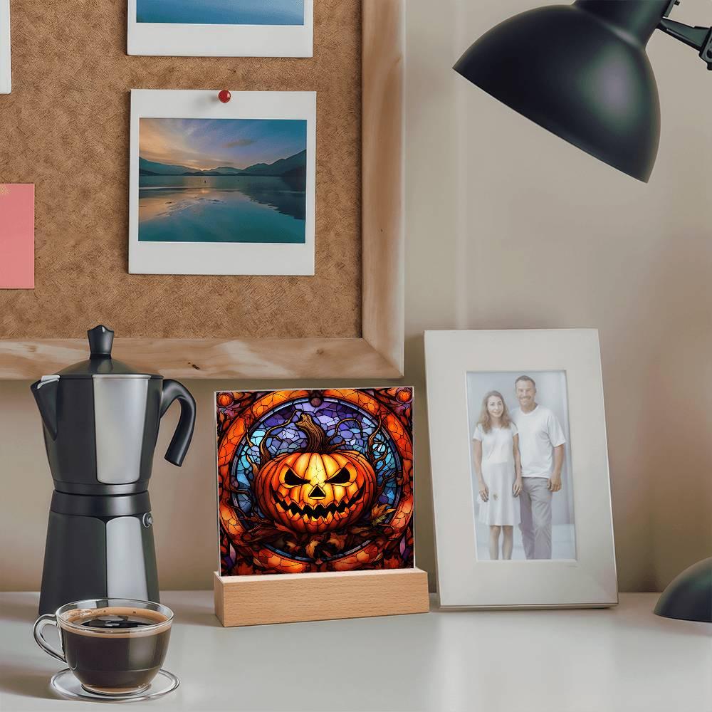 Halloween Pumpkin Stained-Glass Acrylic Square Plaque with LED Wooden Base - Mallard Moon Gift Shop