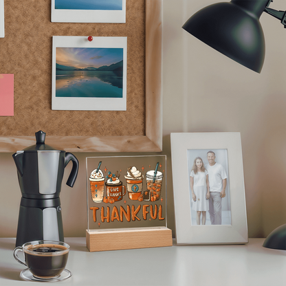 Thankful Coffee Acrylic Plaque – Cozy Fall Décor Gift for Coffee Lovers | “Give Thanks” Autumn LED Light Display