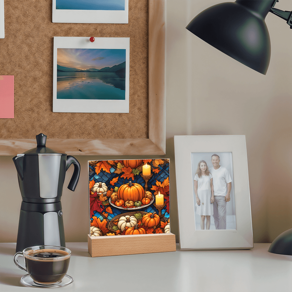 Stained Glass Pumpkin & Candle Acrylic Plaque – Thanksgiving Harvest Centerpiece | Fall Home Décor with LED Light Base