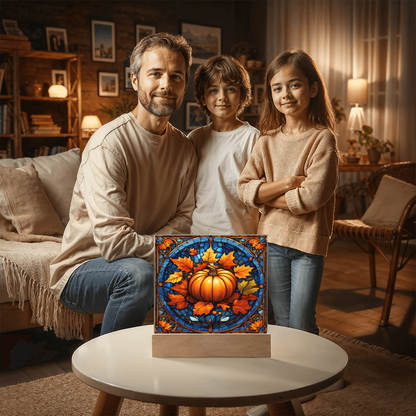 Stained Glass Pumpkin Acrylic Plaque – Elegant Thanksgiving Home Décor | Fall Harvest LED Light Display