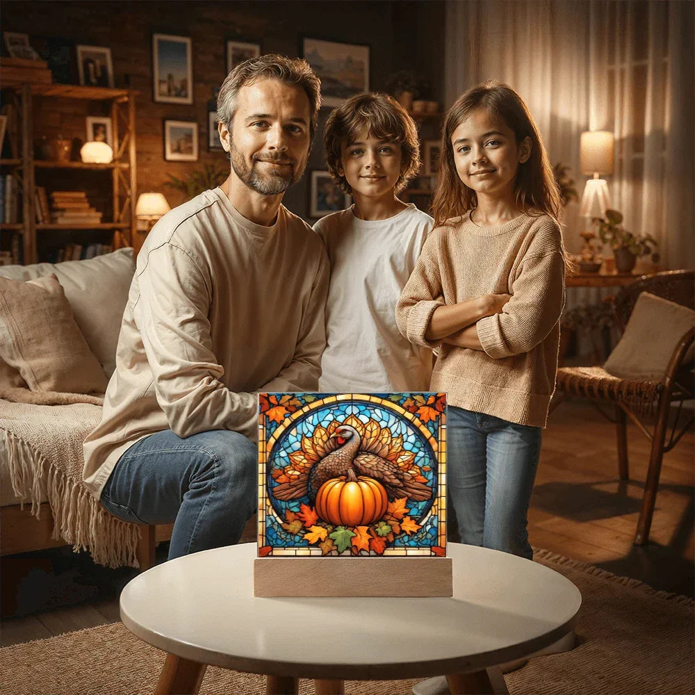 Thanksgiving Stained Glass Turkey Acrylic Plaque – Elegant Fall Home Decor with LED Light Base | Autumn Window Art Inspired Gift