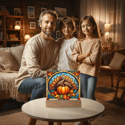 Thanksgiving Stained Glass Turkey Acrylic Plaque – Elegant Fall Home Decor with LED Light Base | Autumn Window Art Inspired Gift