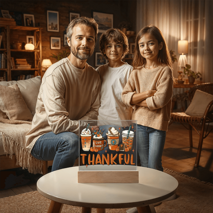 Thankful Coffee Acrylic Plaque – Cozy Fall Décor Gift for Coffee Lovers | “Give Thanks” Autumn LED Light Display