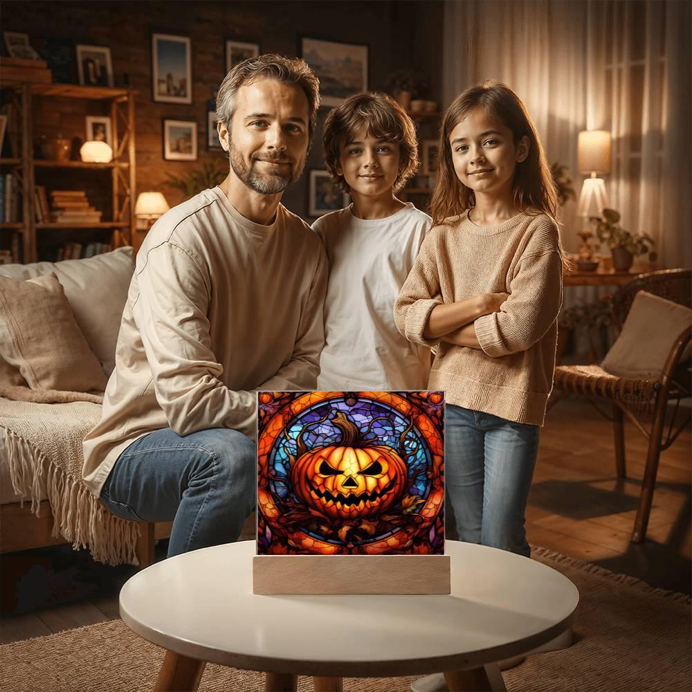 Halloween Pumpkin Stained-Glass Acrylic Square Plaque with LED Wooden Base - Mallard Moon Gift Shop