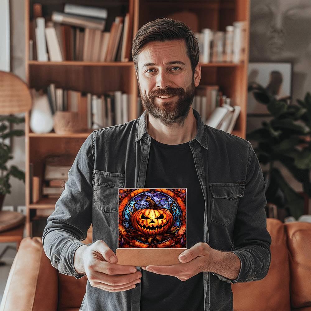 Halloween Pumpkin Stained-Glass Acrylic Square Plaque with LED Wooden Base - Mallard Moon Gift Shop