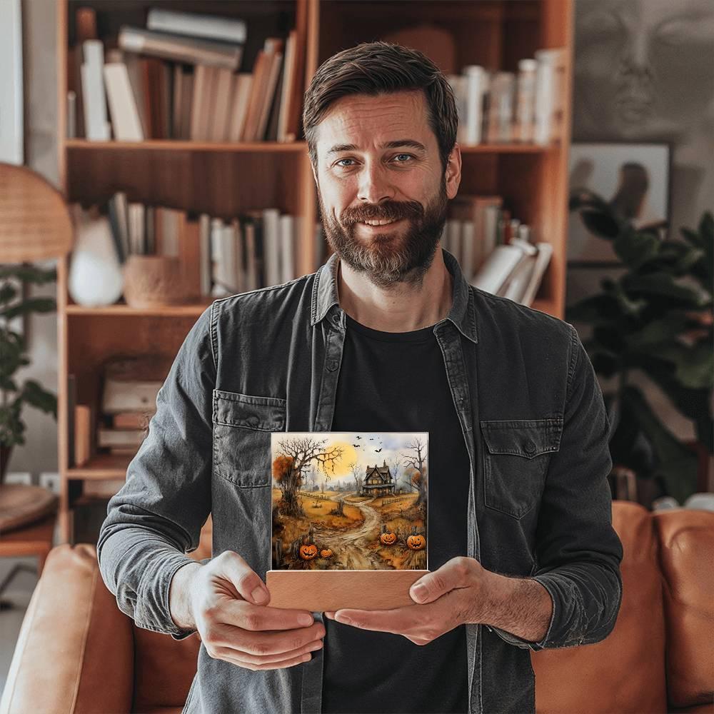 Haunted Elegance: Spooky Halloween Mansion Acrylic Square Plaque with LED Lighted Wooden Base - Mallard Moon Gift Shop