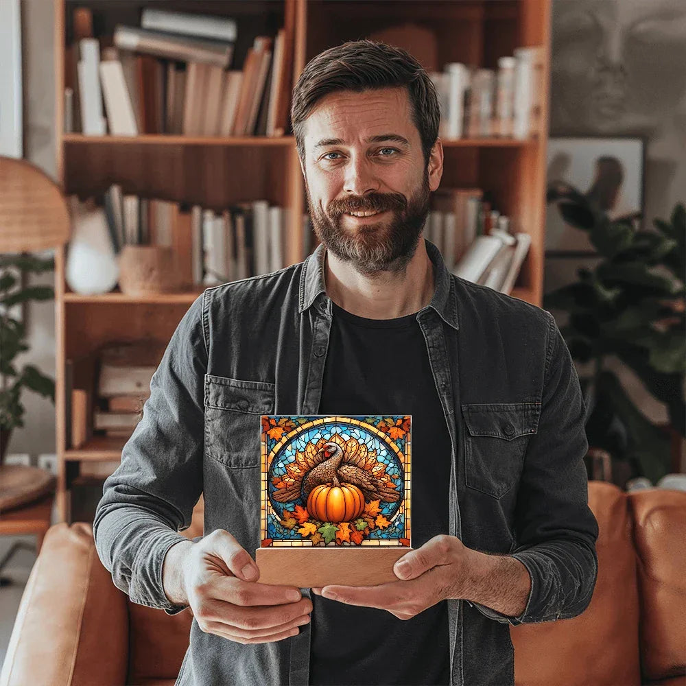 Thanksgiving Stained Glass Turkey Acrylic Plaque – Elegant Fall Home Decor with LED Light Base | Autumn Window Art Inspired Gift