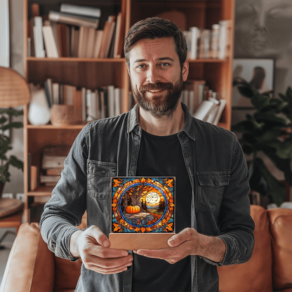 Stained Glass Autumn Pumpkin Sunset Acrylic Plaque – Fall Harvest Home Decor with LED Light Base | Thanksgiving Window Art Accent