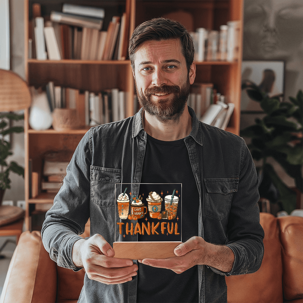 Thankful Coffee Acrylic Plaque – Cozy Fall Décor Gift for Coffee Lovers | “Give Thanks” Autumn LED Light Display