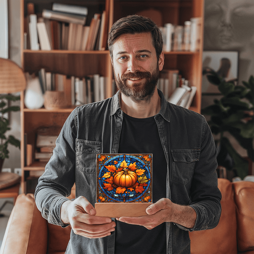 Stained Glass Pumpkin Acrylic Plaque – Elegant Thanksgiving Home Décor | Fall Harvest LED Light Display