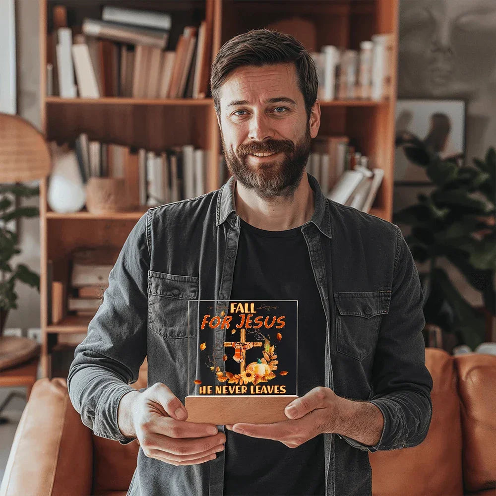 Fall for Jesus Acrylic Plaque – Christian Fall Décor with Cross and Pumpkins | Faith-Based LED Light Display Gift