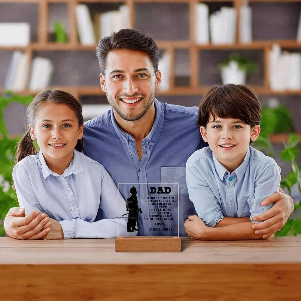 Personalized Firefighter Dad Acrylic Plaque – “You’ll Always Be My Forever Hero” Gift from Child – Custom Name Lighted Firefighter Keepsake