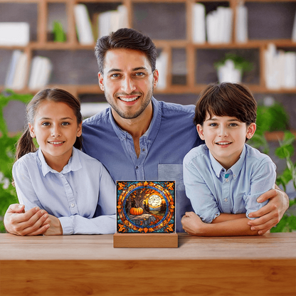 Stained Glass Autumn Pumpkin Sunset Acrylic Plaque – Fall Harvest Home Decor with LED Light Base | Thanksgiving Window Art Accent