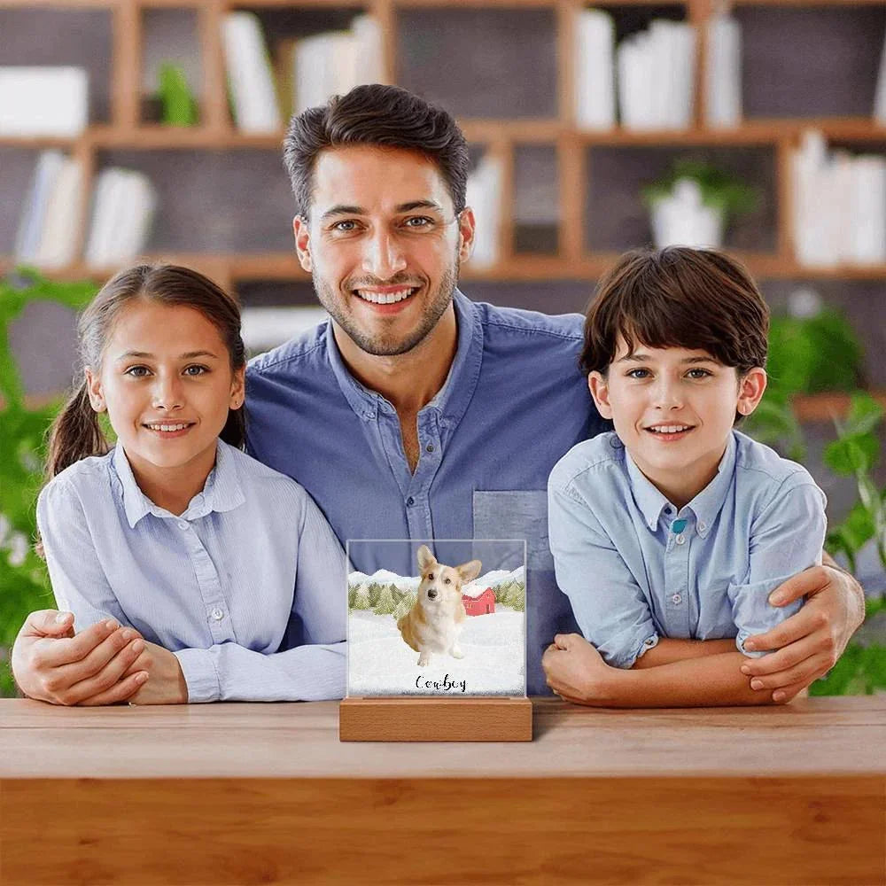 Pet Personalized Holiday Photo Upload Acrylic Plaque with Lighted LED Wooden Base