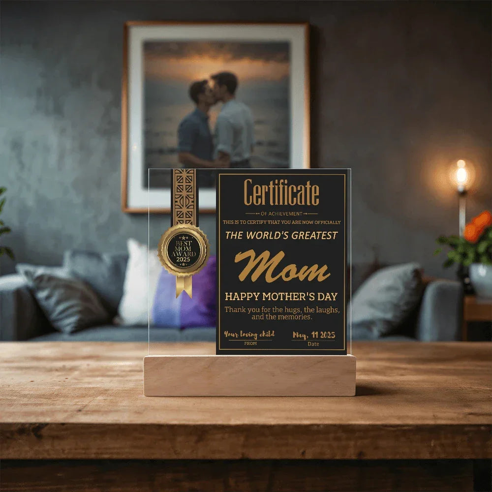 World's Greatest Mom Certificate LED Acrylic Plaque – Personalized Best Mom Award 2025 Mother's Day Gift