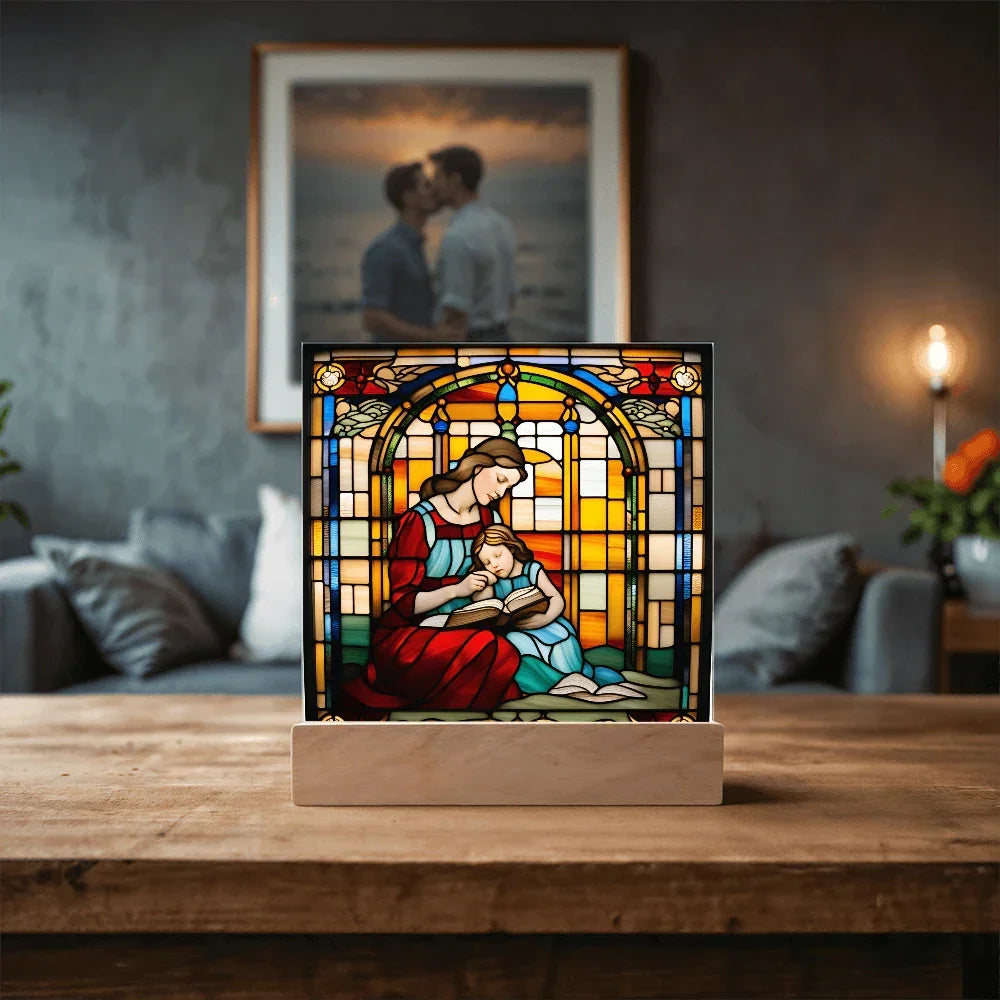 Mother and Child Reading Together Stained-Glass Style LED Acrylic Plaque – A Heartfelt Gift for Moms and Book-Loving Families