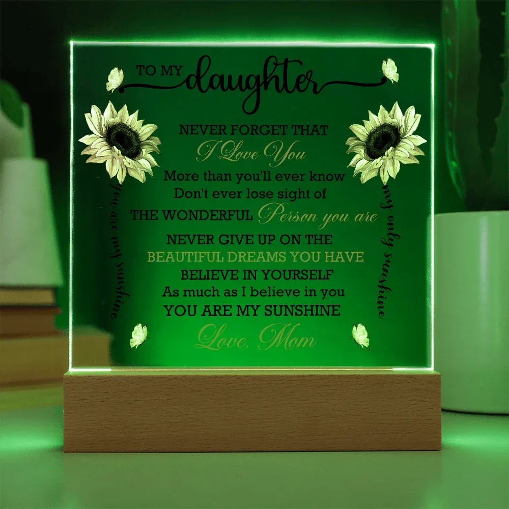 Daughter Sunflower Acrylic Plaque with LED Lighted Wooden Base Meaningful Birthday, Graduation, or Christmas Present Gift from Mom