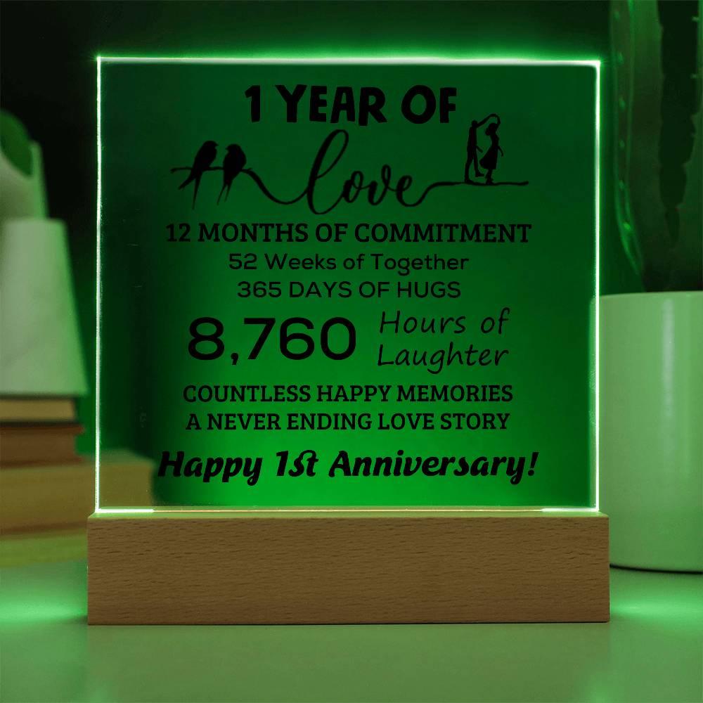 Anniversary Gift One Year of Love, Countless Happy Memories Acrylic Square Plaque with LED Wooden Base - Mallard Moon Gift Shop