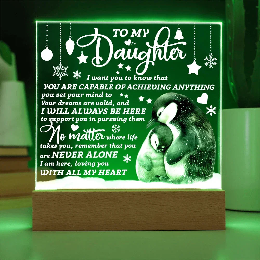 Daughter Penguin Acrylic Plaque – Heartfelt Christmas or Birthday Gift from Mom or Dad | “You Are Capable” LED Light Display