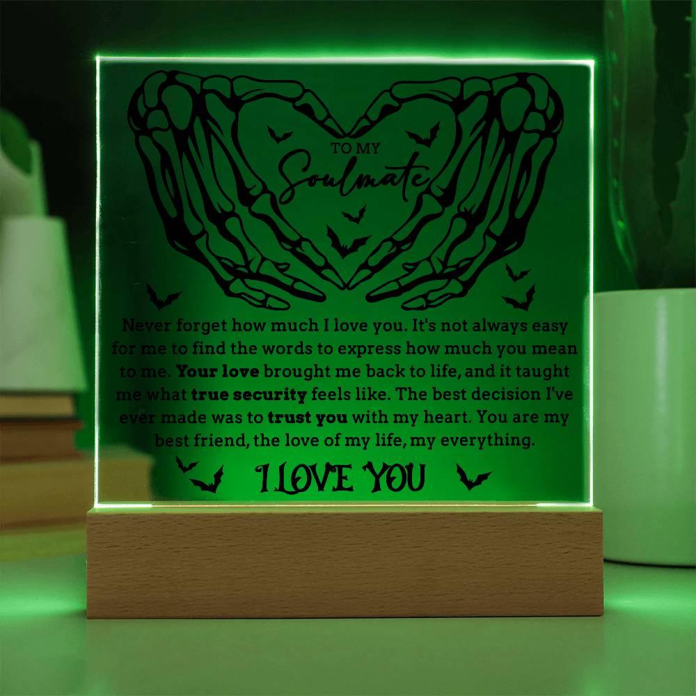 Soulmate - True Security - Halloween Acrylic Square Plaque with LED Lighted Wooden Base - Mallard Moon Gift Shop