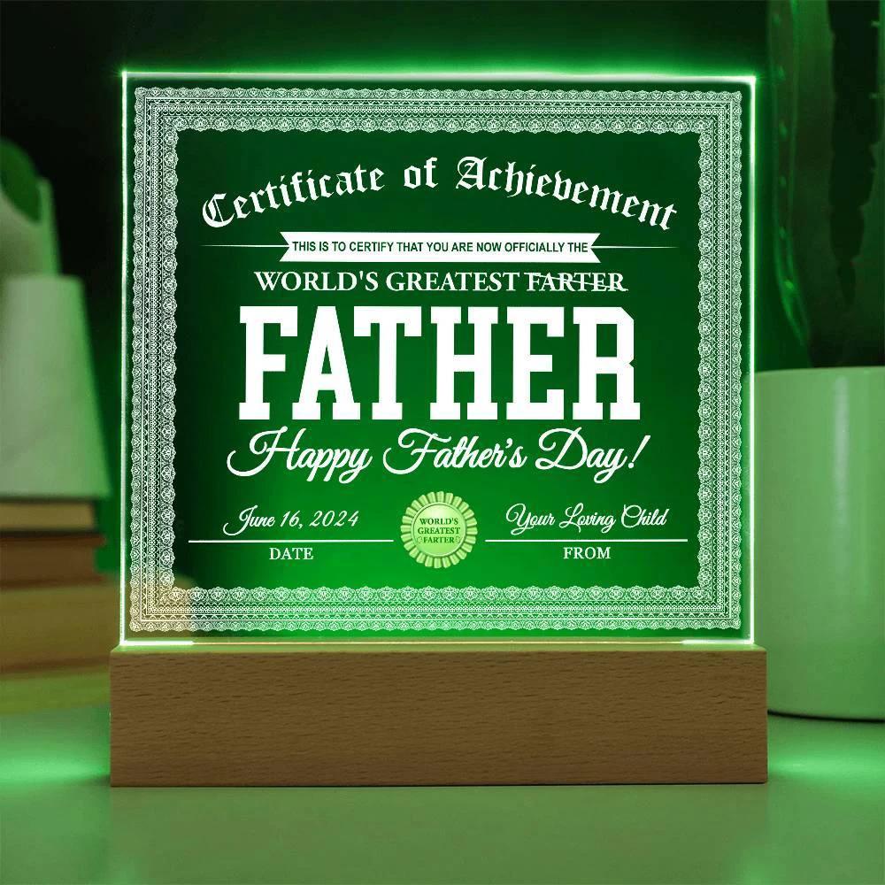 Funny Personalized Father's Day Gift "World’s Greatest Farter" Certificate Acrylic Plaque with LED Light Base
