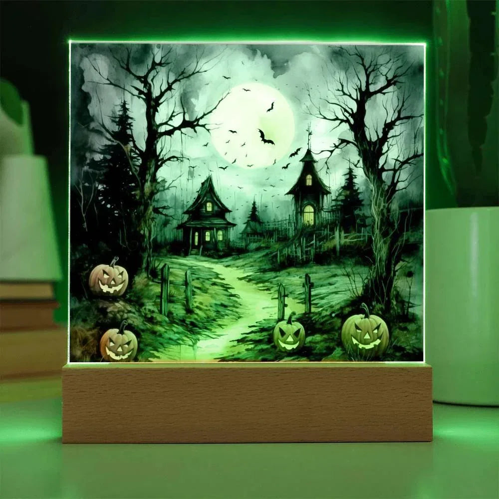 Halloween Haunt: Detailed Mansion Acrylic Plaque with LED Lighted Wooden Base