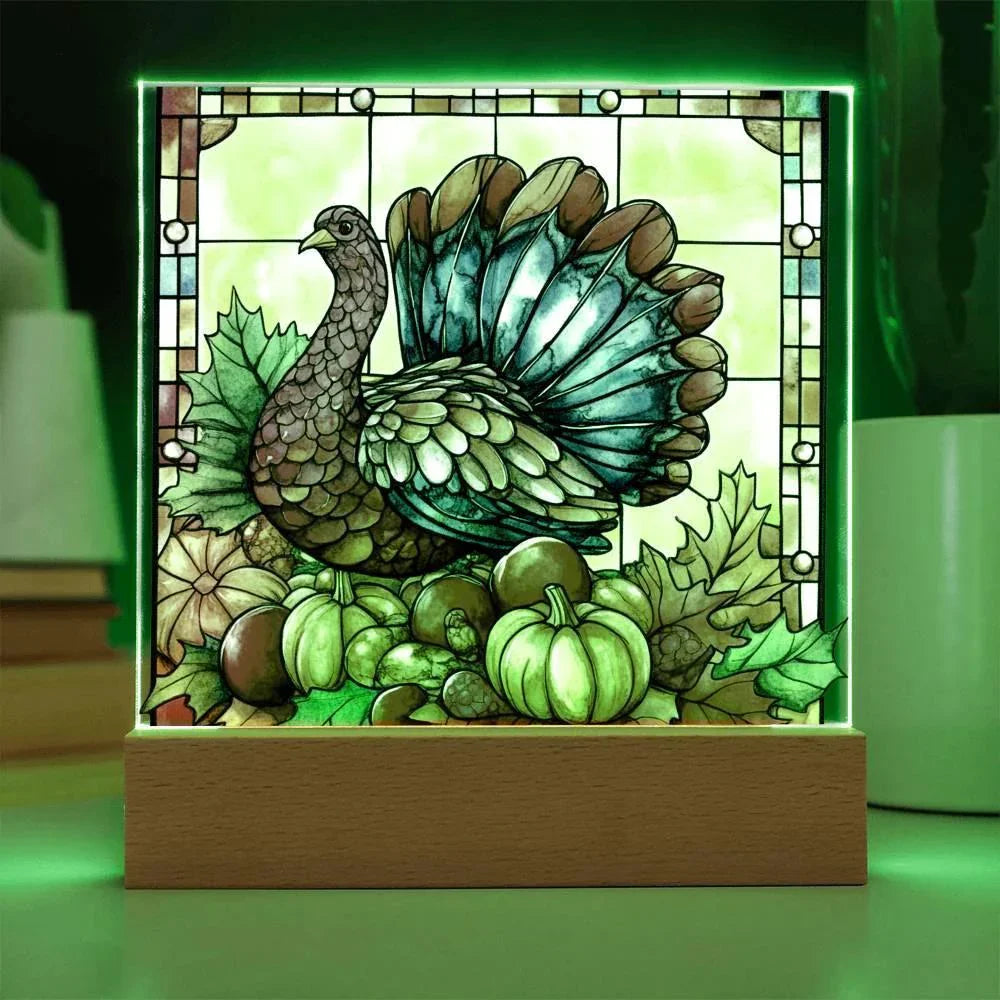 Thanksgiving Turkey Stained-glass Acrylic Square LED Lighted Wooden Base