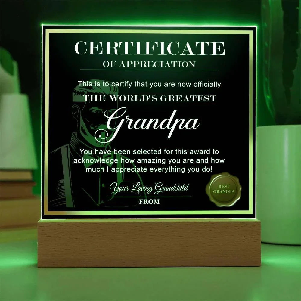 Certificate of Appreciation - The World's Greatest Grandpa Personalized Acrylic Plaque