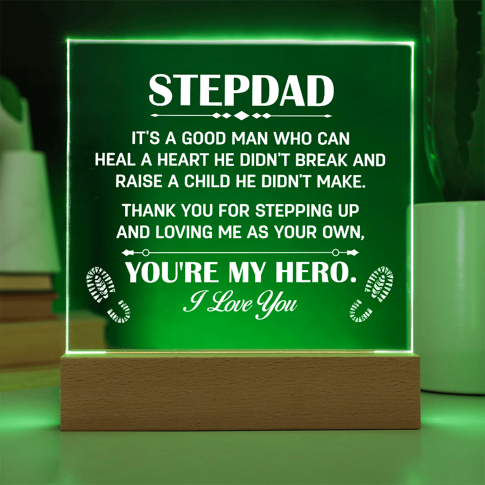 Stepdad Acrylic LED Plaque – “You're My Hero” Personalized Gift with Custom Name for Father's Day, Birthday, or Christmas - Mallard Moon Gift Shop
