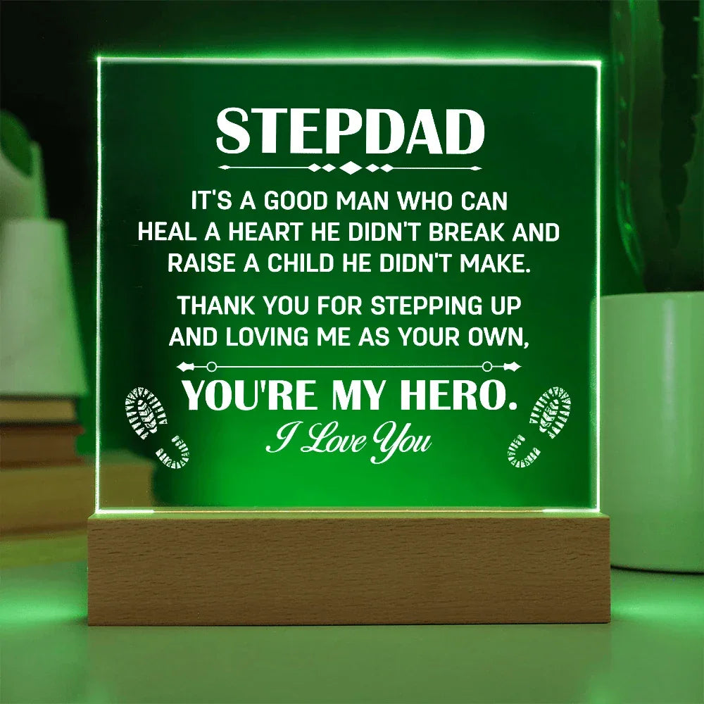 Stepdad Acrylic LED Plaque – “You're My Hero” Personalized Gift with Custom Name for Father's Day, Birthday, or Christmas