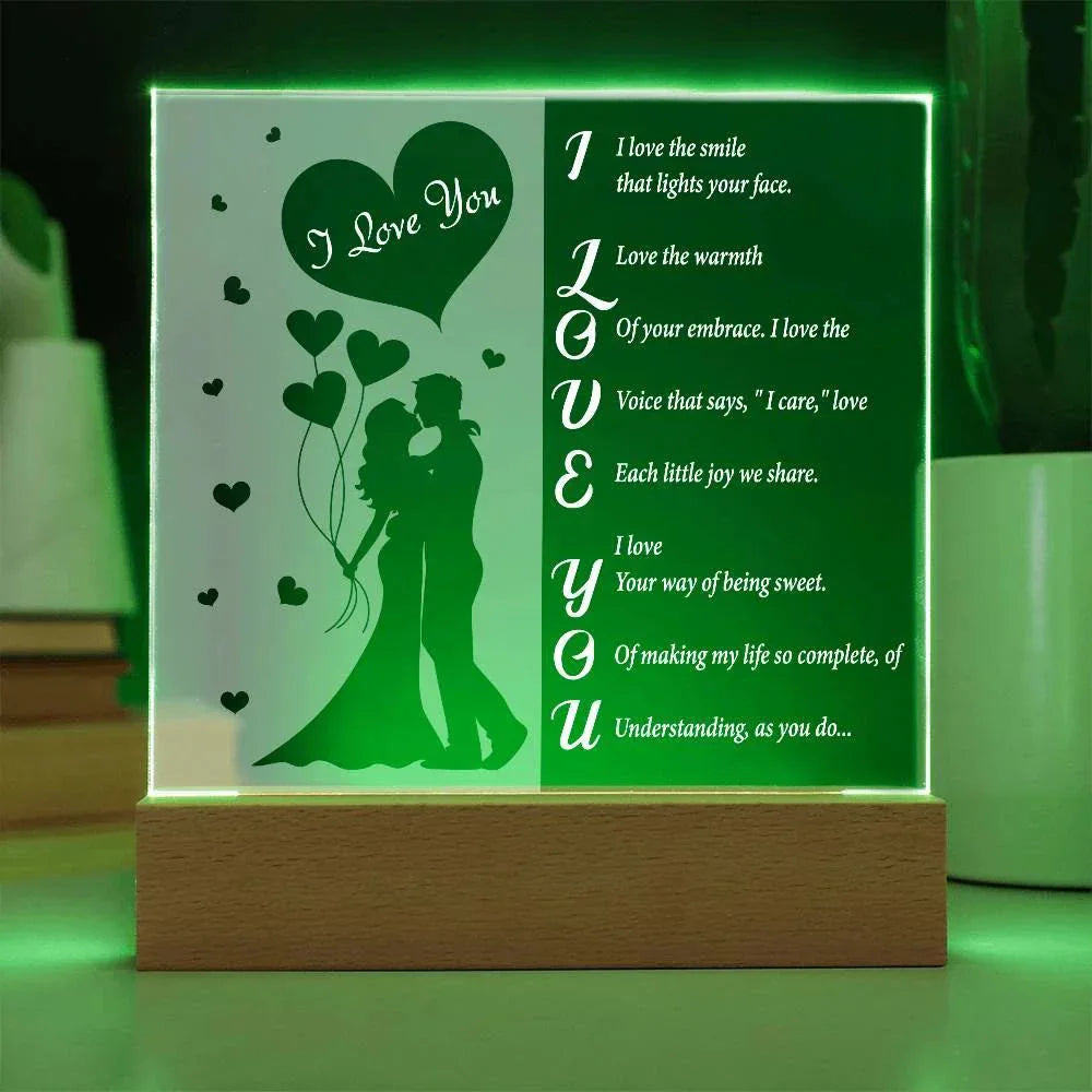 I Love You - Romantic Acrylic LED Plaque – Heartfelt Gift for Wife, Husband, or Partner | Illuminated Poem Keepsake
