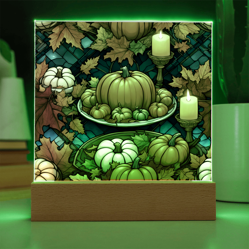 Stained Glass Pumpkin & Candle Acrylic Plaque – Thanksgiving Harvest Centerpiece | Fall Home Décor with LED Light Base