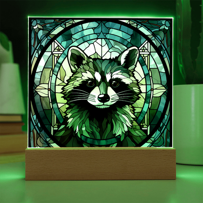 Stained Glass Raccoon Acrylic LED Light Plaque – Custom Animal Art Gift with Wooden Base - Mallard Moon Gift Shop