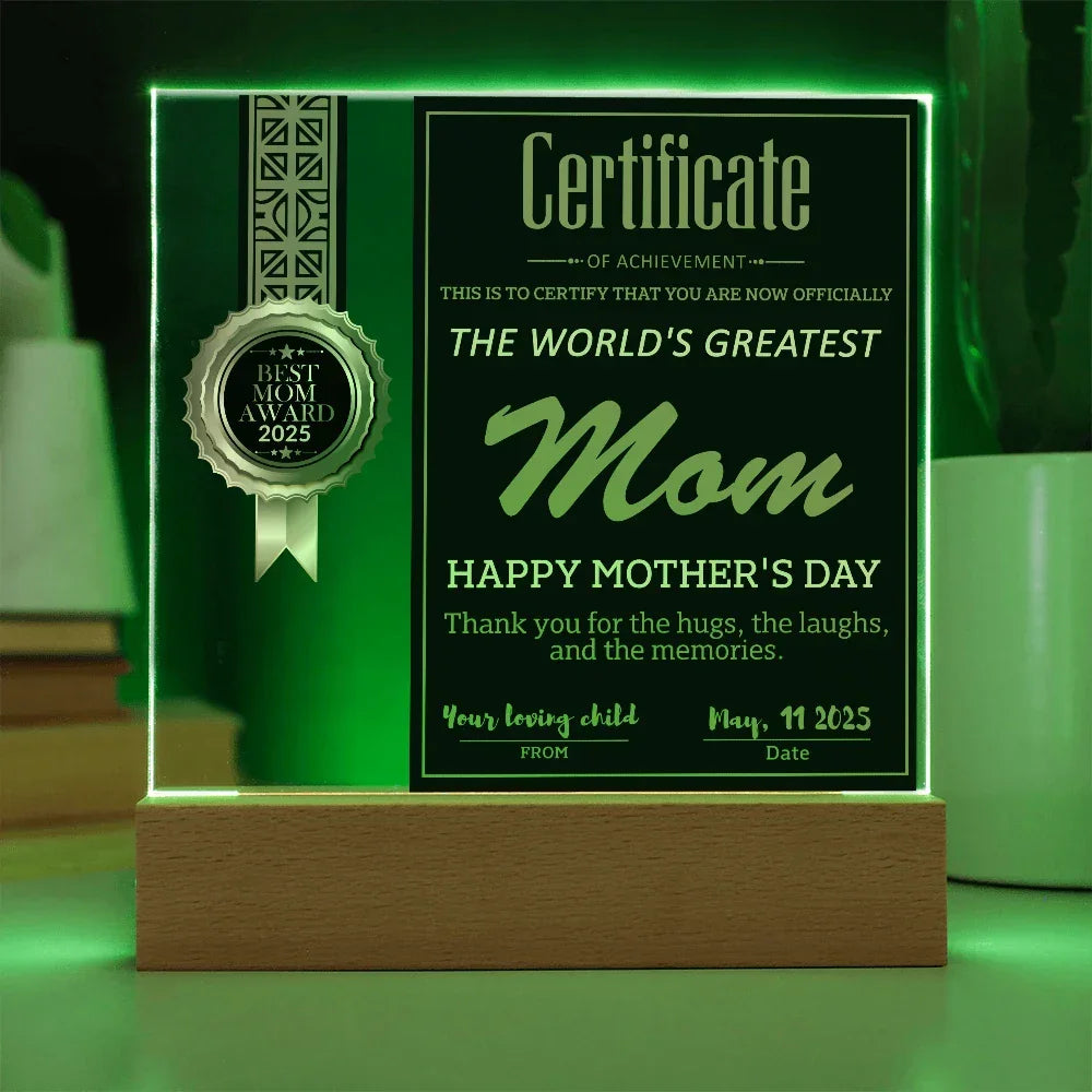 World's Greatest Mom Certificate LED Acrylic Plaque – Personalized Best Mom Award 2025 Mother's Day Gift