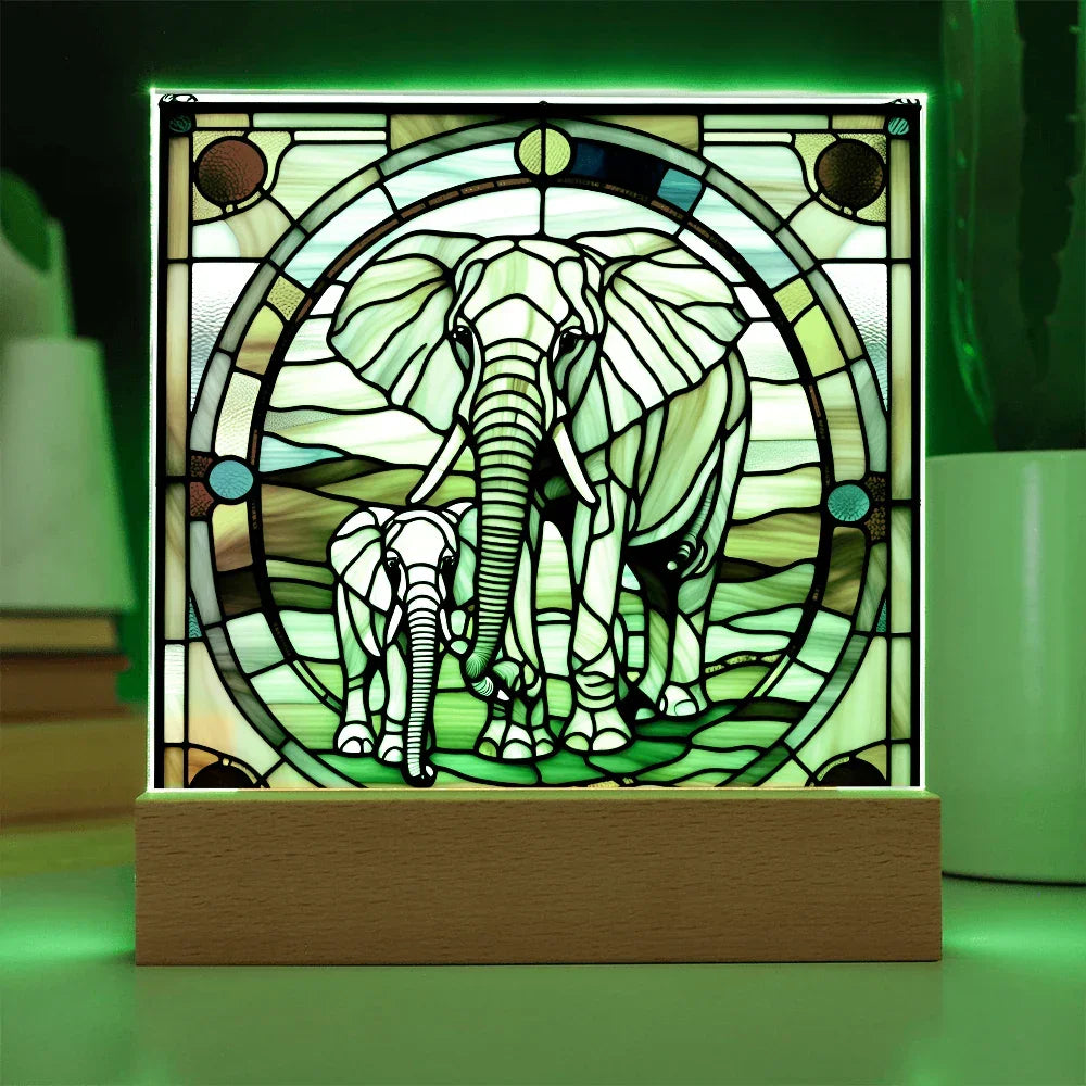 Elephant Mother and Baby Calf - Stained Glass Style LED Acrylic Plaque – A Symbol of Strength, Love, and Family