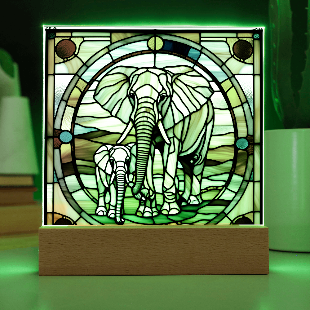 Elephant Mother and Baby Calf - Stained Glass Style LED Acrylic Plaque – A Symbol of Strength, Love, and Family - Mallard Moon Gift Shop