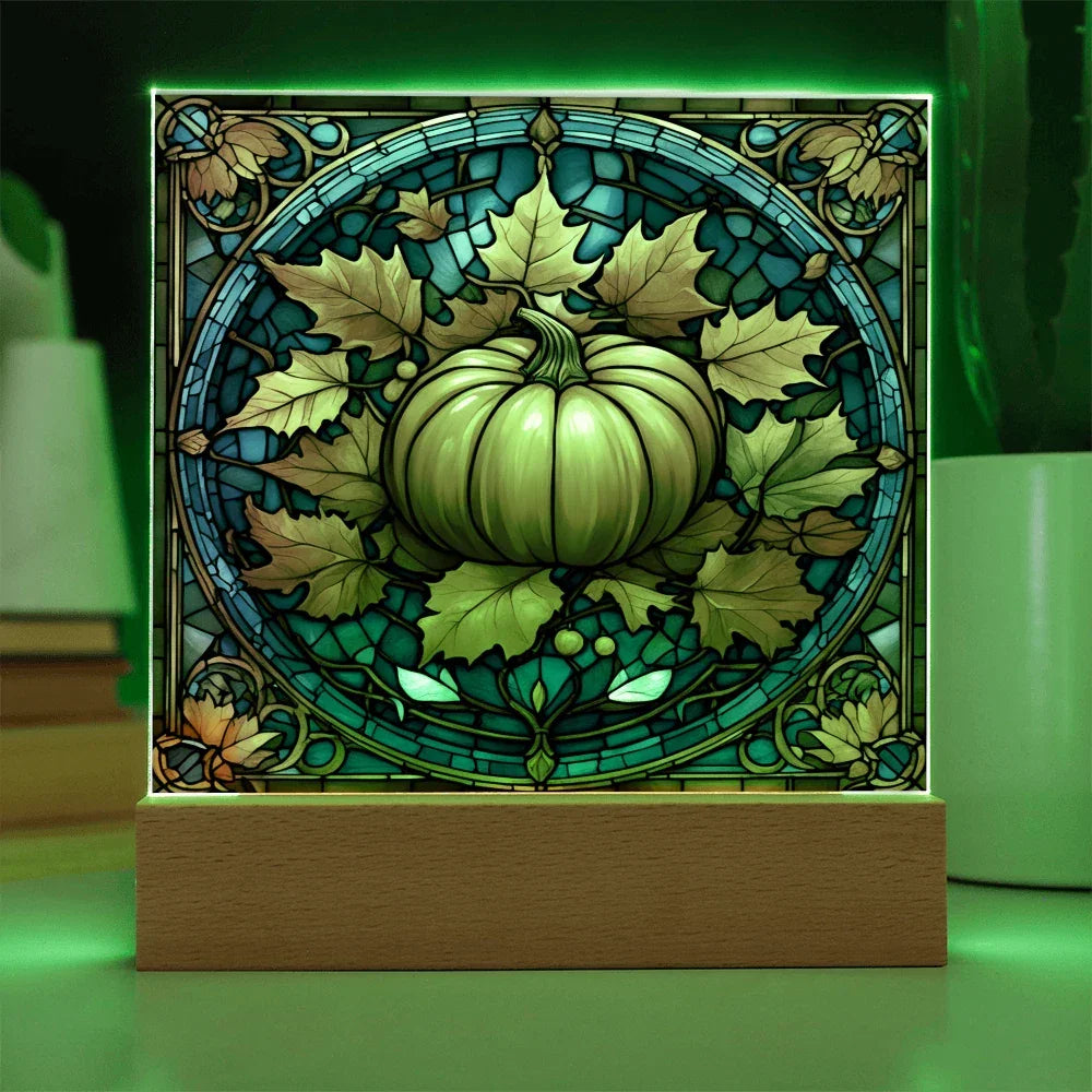 Stained Glass Pumpkin Acrylic Plaque – Elegant Thanksgiving Home Décor | Fall Harvest LED Light Display