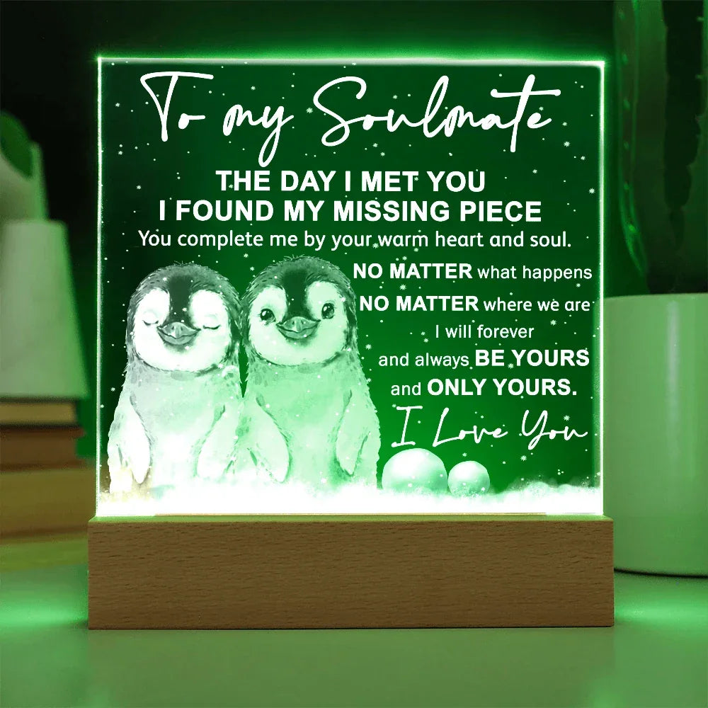 Soulmate Acrylic Plaque – Penguin Couple LED Light Gift | Romantic “You Complete Me” Christmas Keepsake