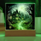 Ghostly Manor: Halloween Acrylic Square Plaque with LED Lighted Wooden Base